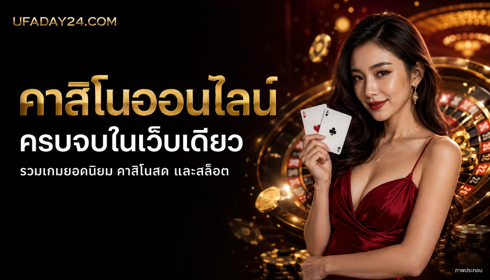 คาสิโนออนไลน์ ครบจบในเว็บเดียว — ภาพประกอบนางแบบสมมติและโต๊ะเกม