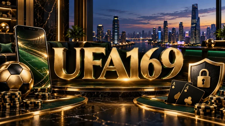 ตัวอักษร UFA169 สีทองกับเมืองยามค่ำ ฟุตบอล และสัญลักษณ์ความปลอดภัย