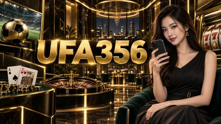 ตัวอักษร UFA356 สีทองขนาดใหญ่ พร้อมโทรศัพท์ กีฬา คาสิโน และสล็อตในธีมดำทอง