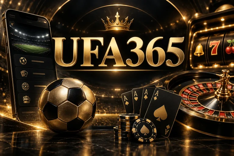 คำว่า UFA365 สีทองพร้อมภาพฟุตบอล ไพ่ รูเล็ต และเกมสล็อต