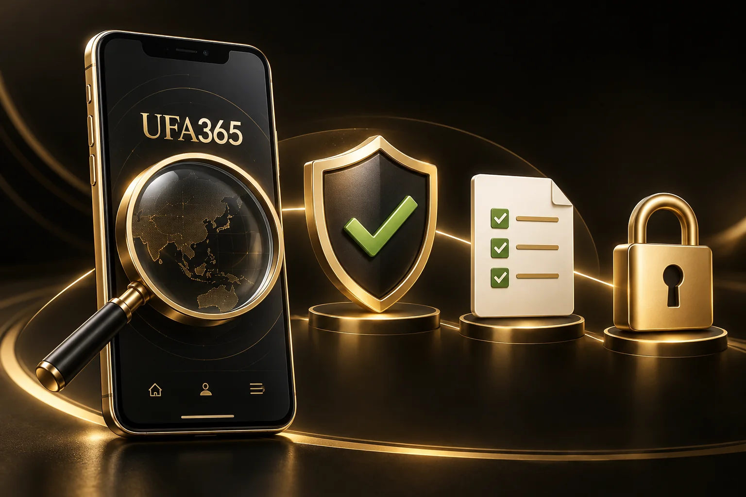 โทรศัพท์ แว่นขยาย โล่ เช็กลิสต์ และกุญแจสำหรับตรวจสอบ UFA365