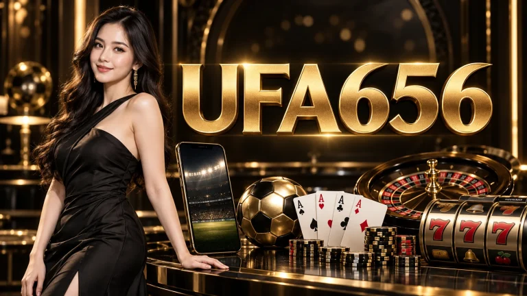 ตัวอักษร UFA656 สีทองขนาดใหญ่ พร้อมผู้หญิง โทรศัพท์ ฟุตบอล ไพ่ รูเล็ต และสล็อตในธีมดำทอง