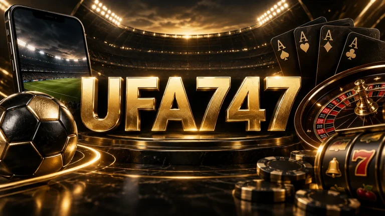 คำว่า UFA747 สีทองขนาดใหญ่พร้อมฟุตบอล ไพ่ รูเล็ต สล็อต และโทรศัพท์