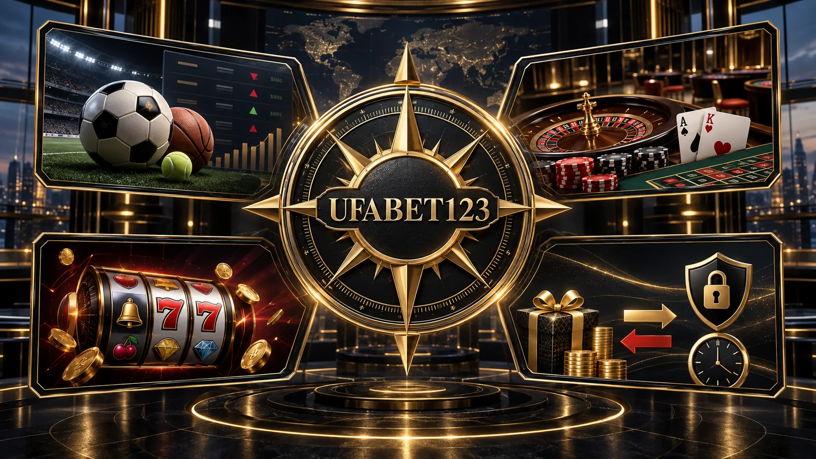 ภาพเปรียบเทียบบริการ UFABET123 ด้านกีฬา คาสิโน สล็อต โปรโมชั่น และความปลอดภัย