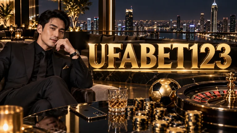 ตัวอักษร UFABET123 สีทองขนาดใหญ่กับผู้ชายในเลานจ์เมืองยามค่ำธีมดำทอง