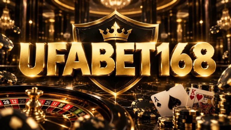 คำว่า UFABET168 สีทองขนาดใหญ่บนฉากคาสิโนโทนดำและทอง