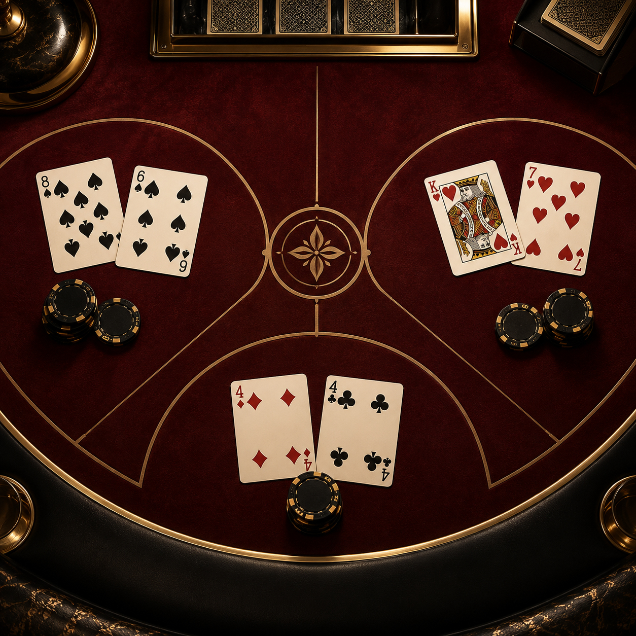 ไพ่บาคาร่าและชิปบนโต๊ะ Player Banker และ Tie ในธีมดำทอง