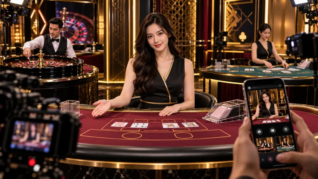 สตูดิโอคาสิโนสดที่มีดีลเลอร์ โต๊ะบาคาร่า รูเล็ต และกล้องถ่ายทอด