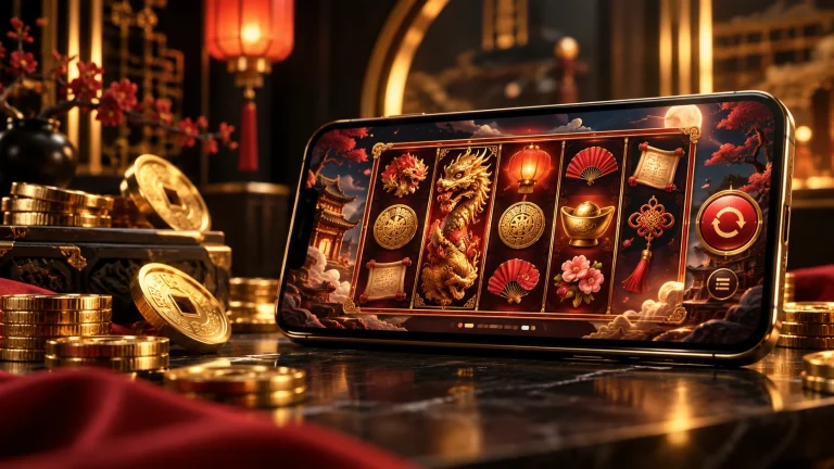 สมาร์ตโฟนแสดงเกมสล็อตบนฉากสีดำทองสำหรับบทความ PG SLOT