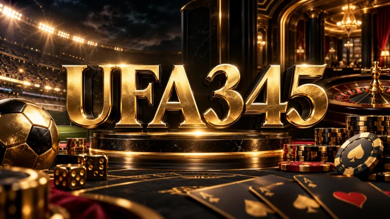 ตัวอักษร UFA345 สีทองหน้าสนามฟุตบอลและโต๊ะคาสิโนธีมดำทอง